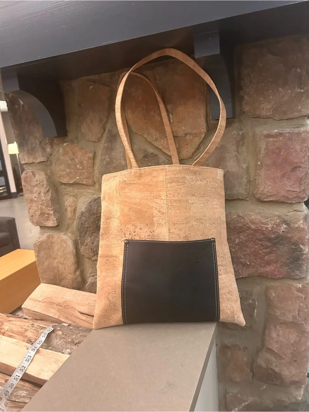Bag Natural Cork Tote w/Black Front Pocket -Sustainable Everyday CarryA1 shape